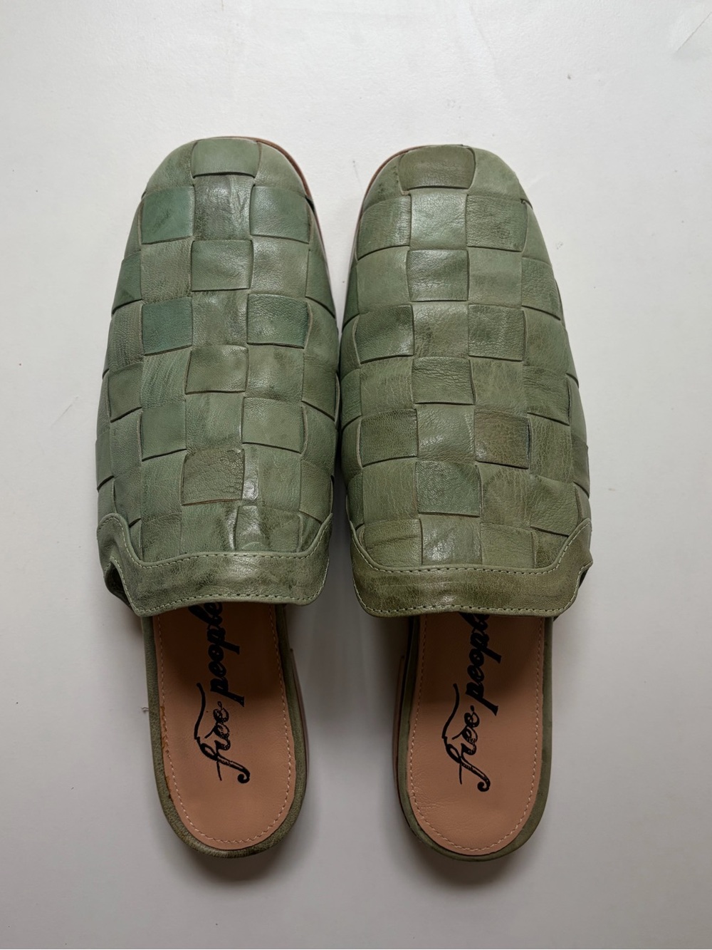 Free People Sage Green Woven Leather Slip-On Mules